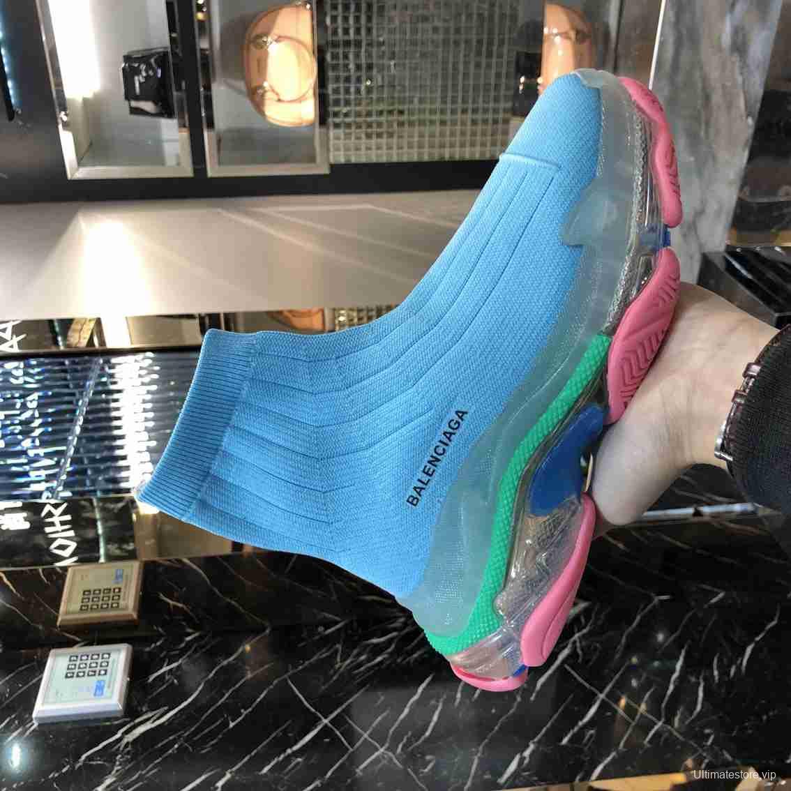 Men/Women Balenciaga Speed Blue Pink Sole Item 6380330