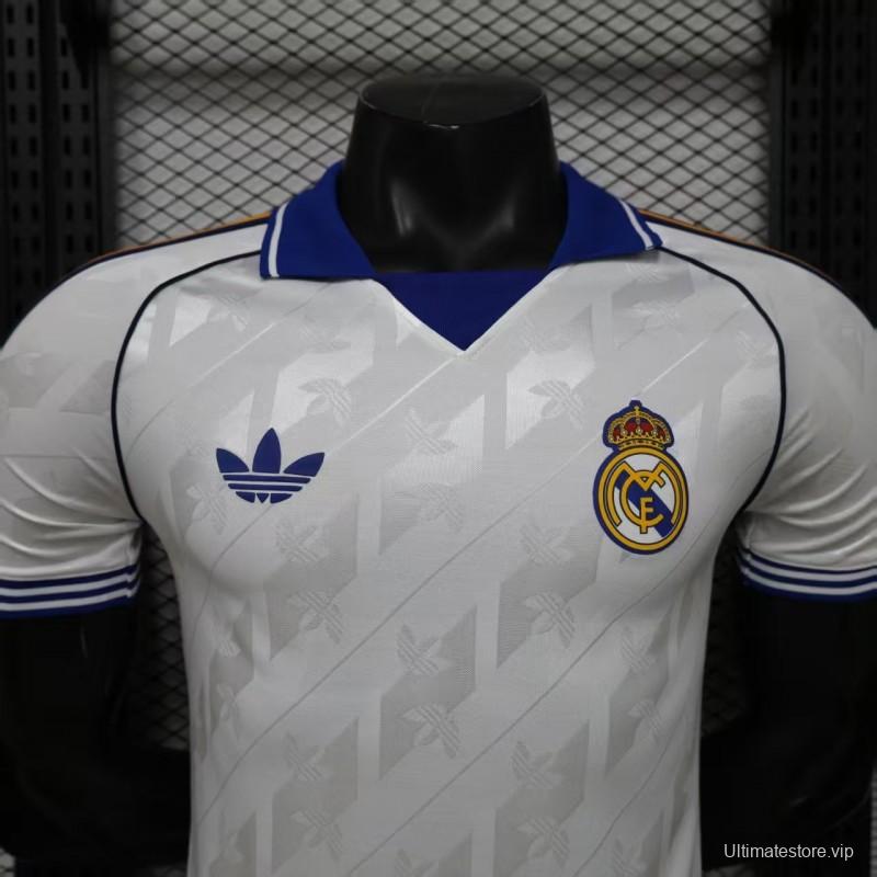 Player Version 26/27 Real Madrid Home White with Blue Collar & Jacquard Pattern Jersey