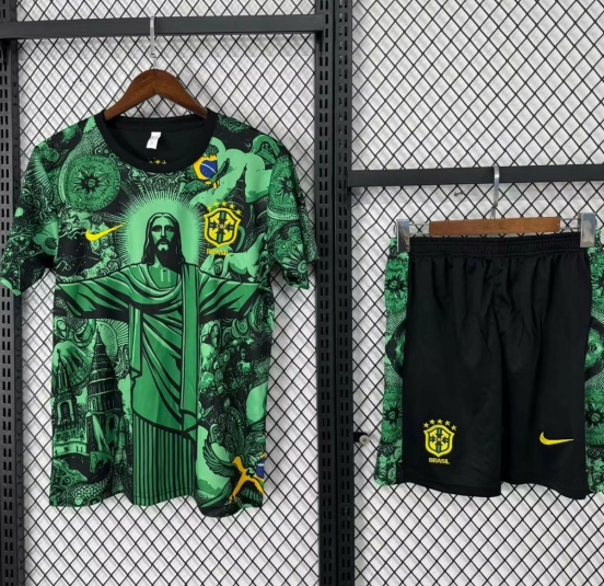 2025 Kids Brazil Christ The Redeemer Green Special Jersey