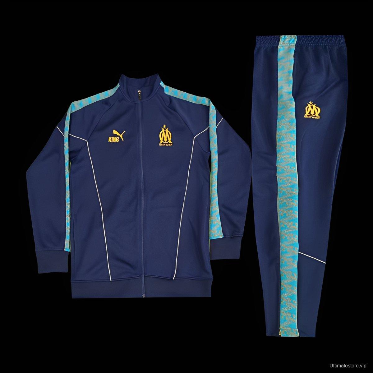 25/26 Olympique Marseille Navy Blue with Sky Blue Stripes Full Zipper Jacket Tracksuit +Long Pants