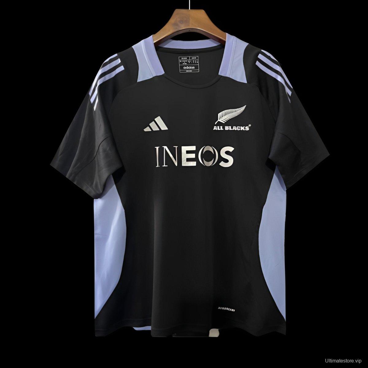 2024 New Zealand All Blacks Black with Light Blue Side Panels and Three Stripes Jersey