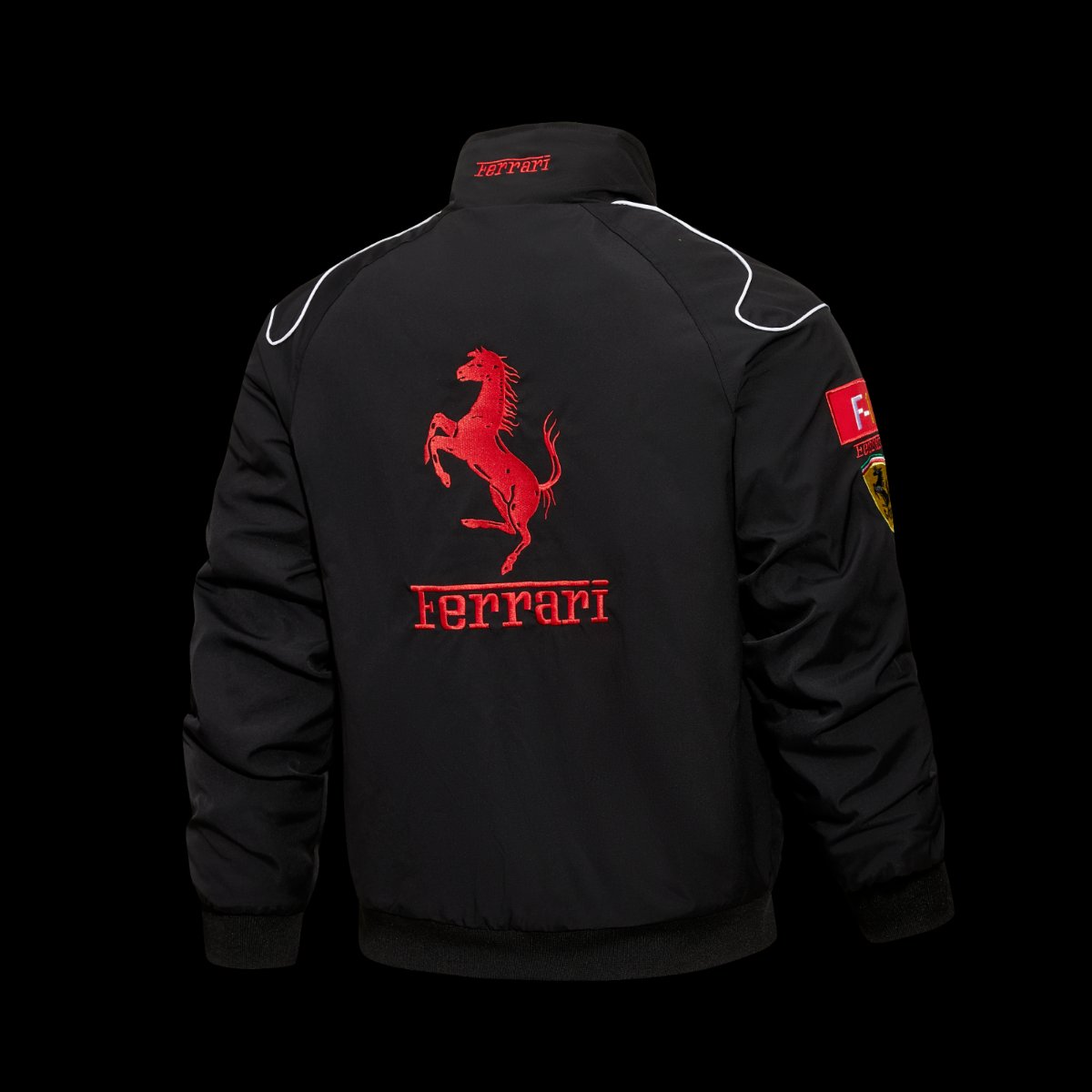 2026 Scuderia Ferrari F1 Team Black Racing Jacket with Red Stripe and Shell UPS Sponsor Logos